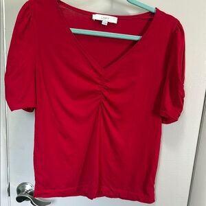 LOFT Red Puff Sleeve Ruched Blouse